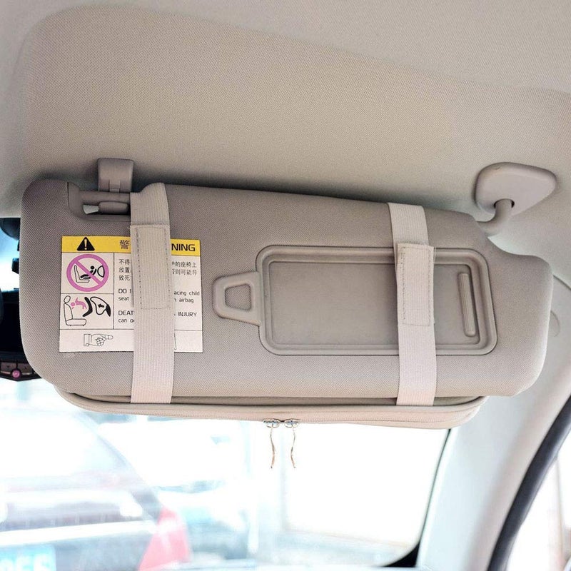 Da by Car Visor Organier Truck SUV Sun Visor Storage Pocket PU Leather Pouch Holder with Multi-Pocket Double Zipper Net Pocket, for Cards Pens Sunglasses Document (Cream Grey) - Image 3